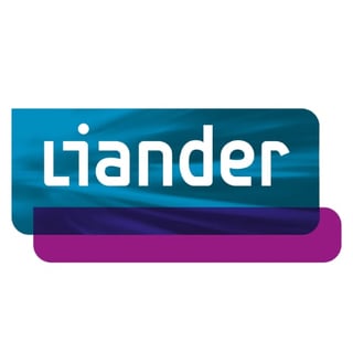 Liander company logo with white text on teal and purple rounded rectangular shapes