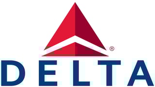 DELTA logo featuring a red triangular airplane tail design above blue lettering