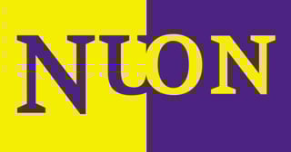 NUON logo with yellow and purple split background design