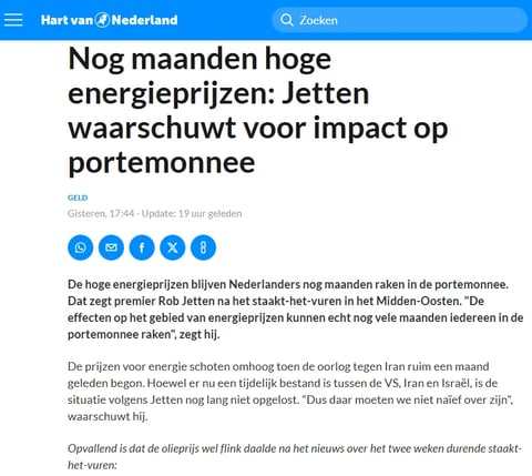 Dutch news article about high energy prices and their impact on households, with social media sharing buttons